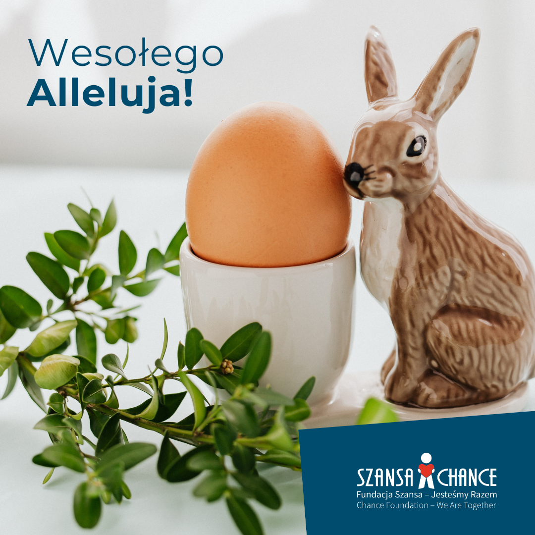grafika wielkanocna z napisem: Wesołego Alleluja, przedstawiająca jajko i zająca. W prawym dolnym rogu logo Fundacji.
